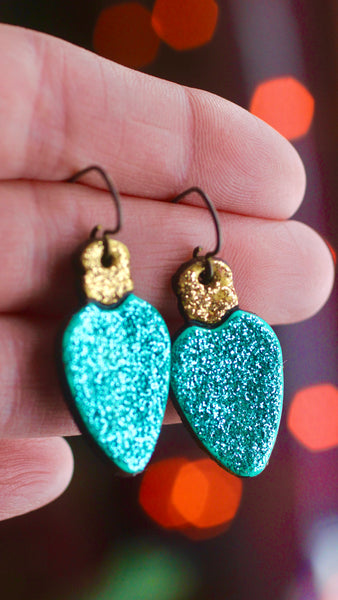 Large Teal Christmas Light Earrings