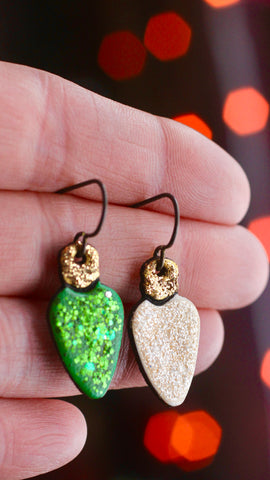 Medium White and Green Christmas Light Earrings