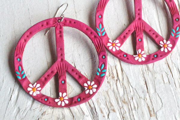 Hot Pink Daisy Peace Symbol Earrings