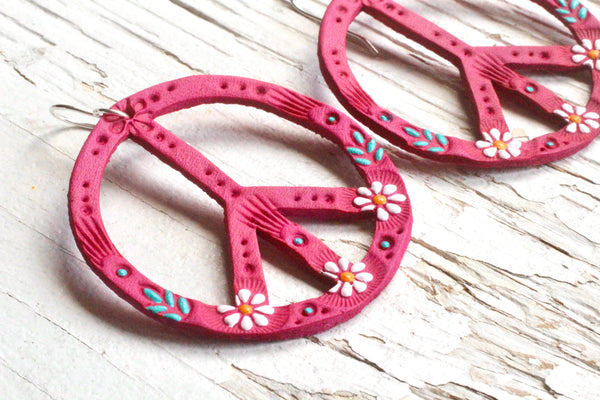 Hot Pink Daisy Peace Symbol Earrings
