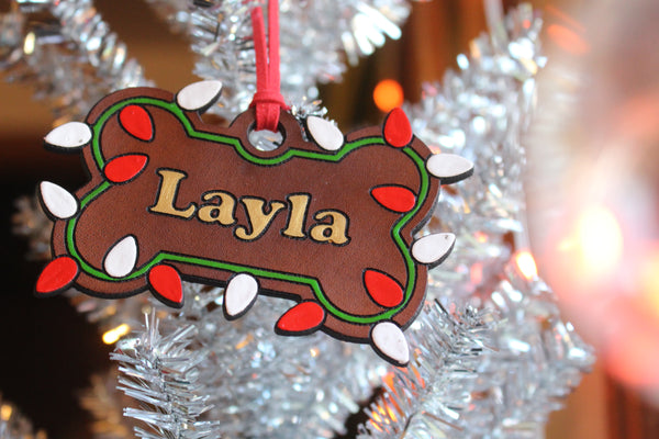 Custom Dog Bone Christmas Ornament - Red & White