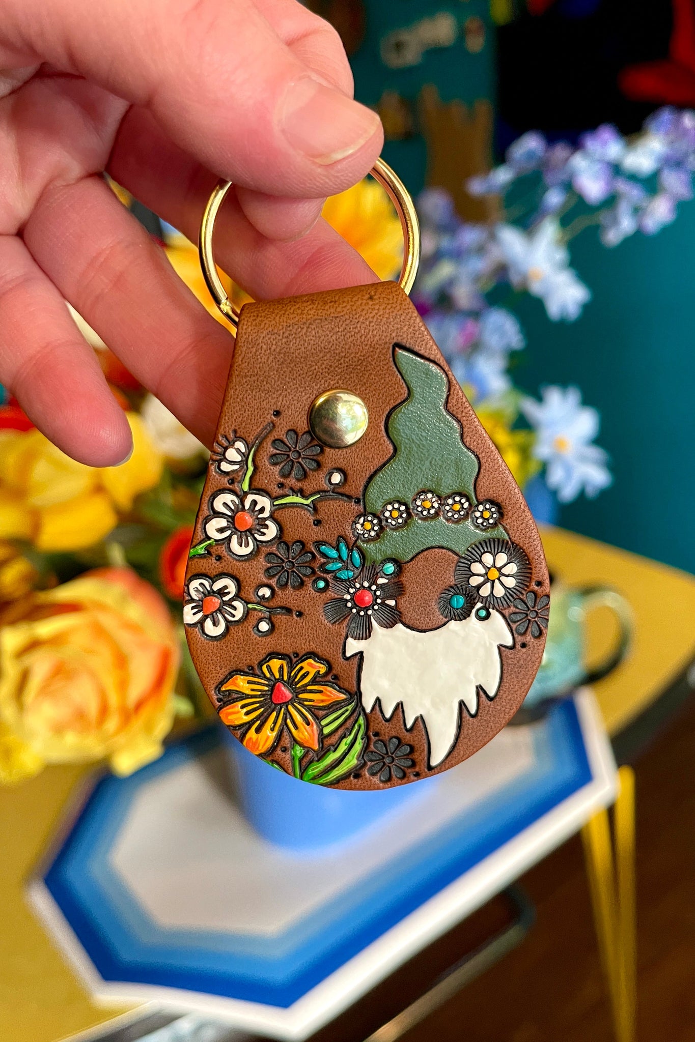 Pippin - Olive Green and Daisy Chain Gnome Keychain - READY TO SHIP