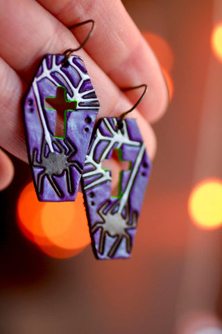 Spider Web Coffin Earrings