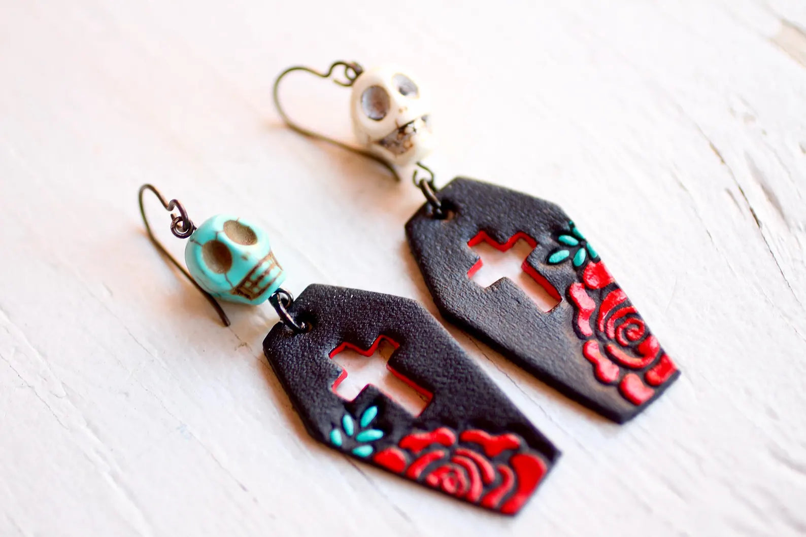 Rose & Skulls Coffin Earrings