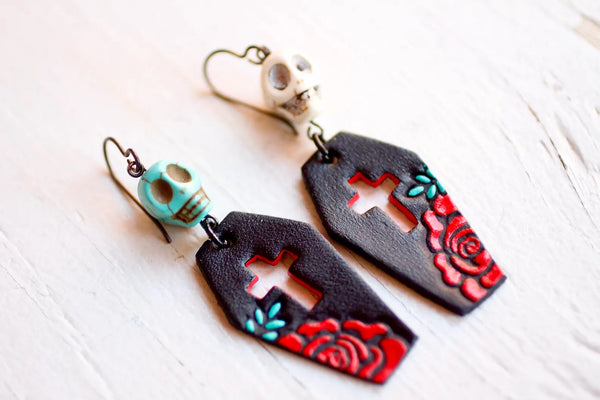 Rose & Skulls Coffin Earrings