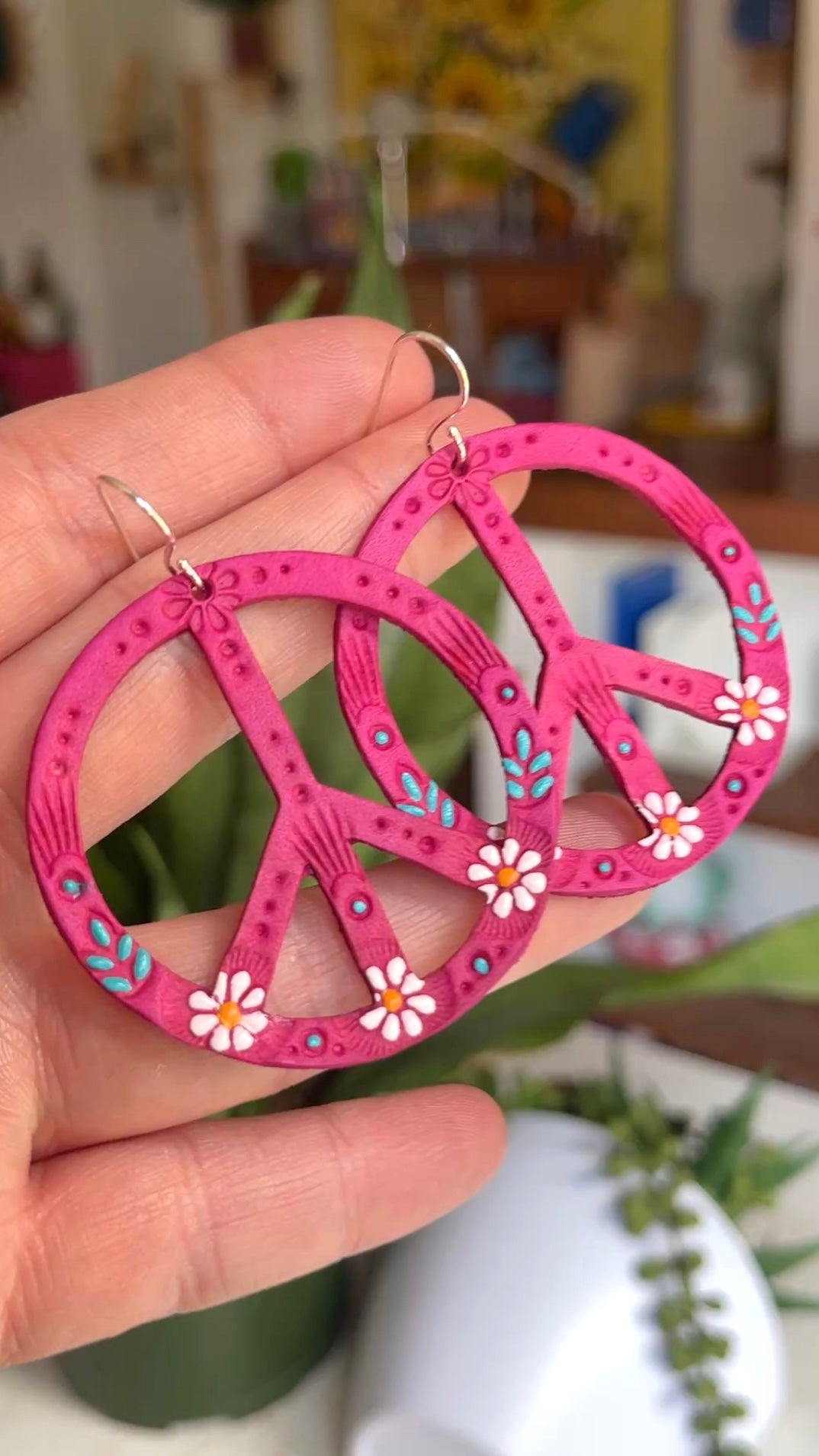 Hot Pink Daisy Peace Symbol Earrings