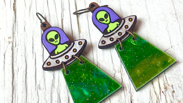 UFO Leather and Acrylic Earrings!