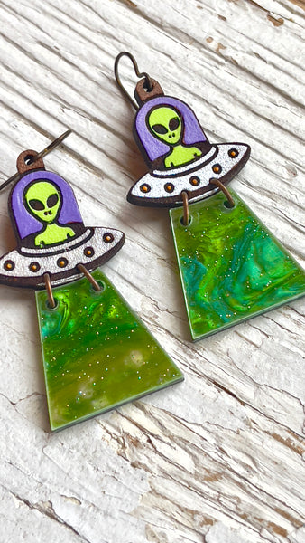 UFO Leather and Acrylic Earrings!