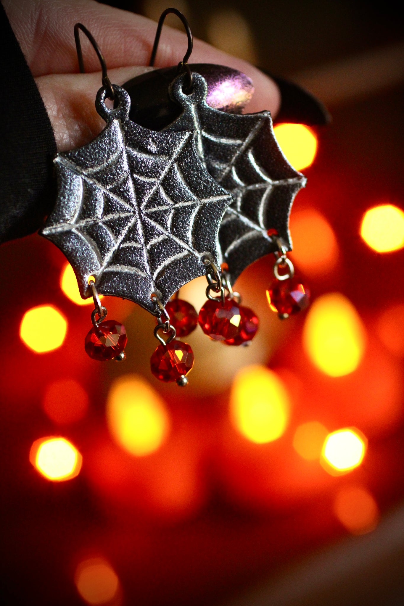 NEW PREORDER - Sparkly Spiderweb Earrings with red dangles
