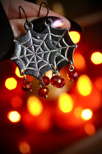 NEW PREORDER - Sparkly Spiderweb Earrings with red dangles