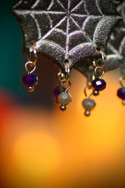 Sparkly Spiderweb Earrings with white and purple dangles