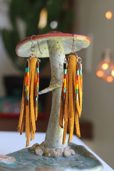 STEVIE - Honey Suede and Beads Fringe Earrings