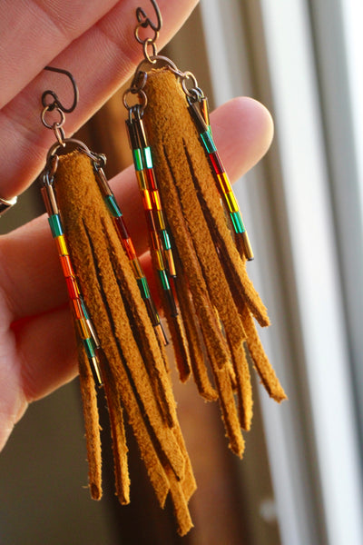 STEVIE - Honey Suede and Beads Fringe Earrings