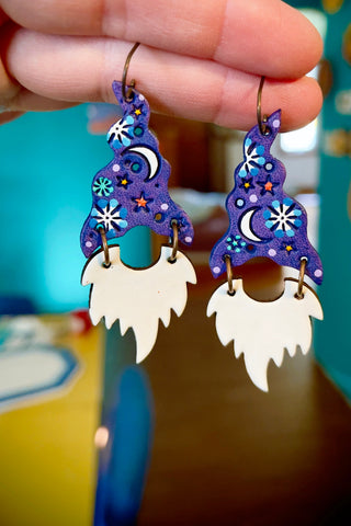 Erwin & Grover - Purple Wizard Gnome Earrings - White Beards  - MADE TO ORDER