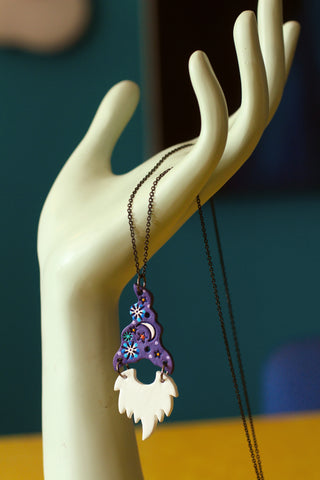 Marvin - Purple Wizard Gnome Necklace - White Beard - READY TO SHIP