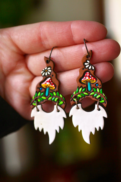 Herschel & Monty - Toadstool Gnome Earrings - White Beards  - MADE TO ORDER