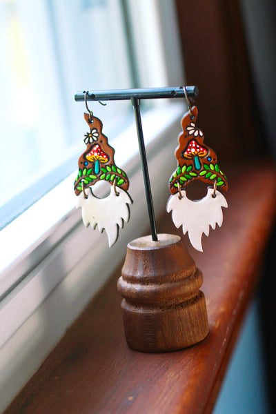 Herschel & Monty - Toadstool Gnome Earrings - White Beards  - MADE TO ORDER