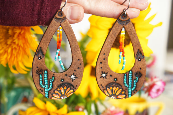 Desert Nights Leather and Beaded Teardrop Earrings