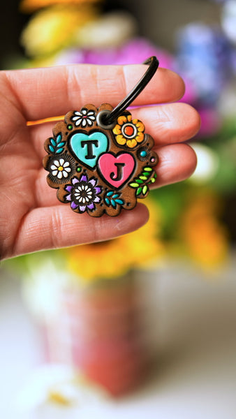 Lovebirds Keychain - Couples Initials and Spring Flowers