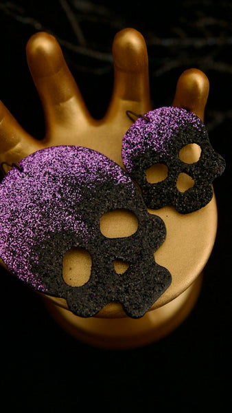 PREORDER Lilac Dusted Black Crystal LARGE Skull Earrings