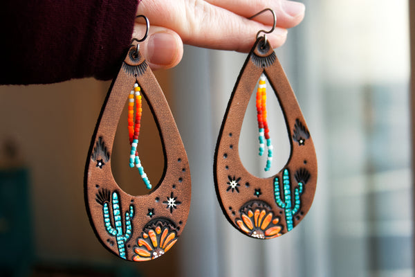 Desert Nights Leather and Beaded Teardrop Earrings