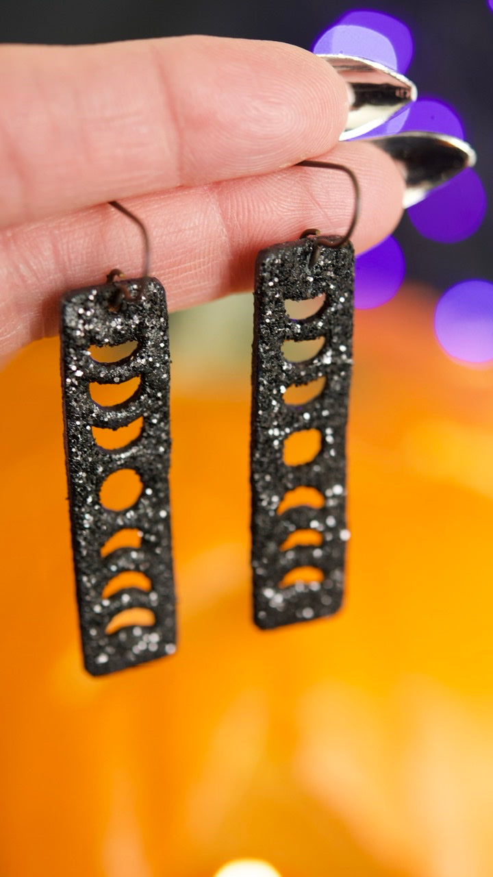 PREORDER Black Crystal - Glitter Moon Phase Earrings