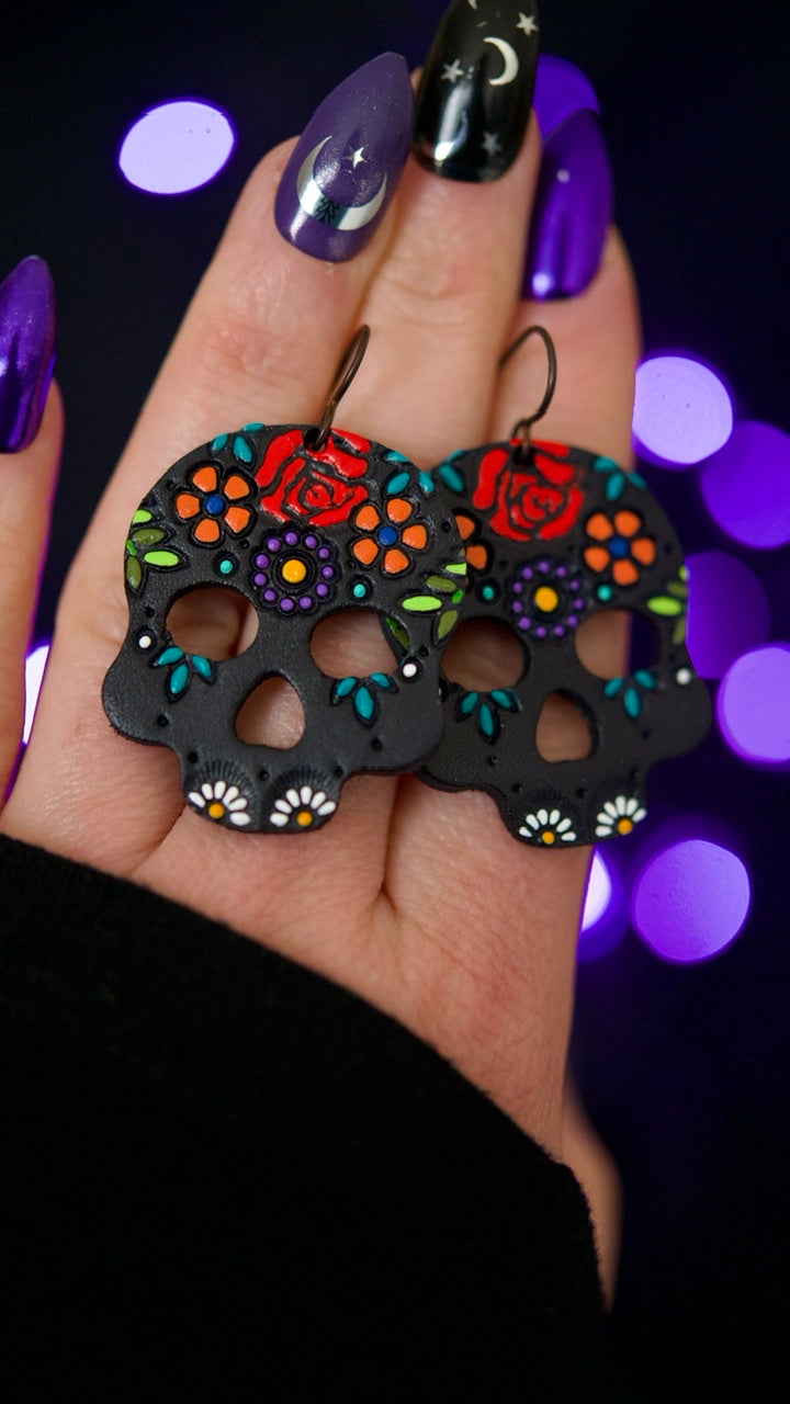 Connie - Red Rose and Wildflowers MINI Sugar Skull Earrings