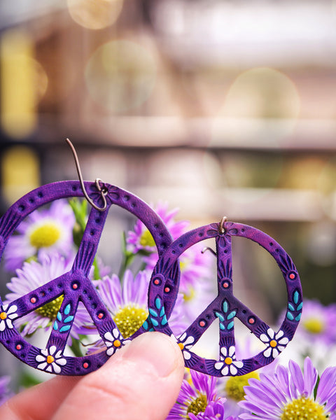 Purple Peace Sign Leather Earrings - Pick Your Size