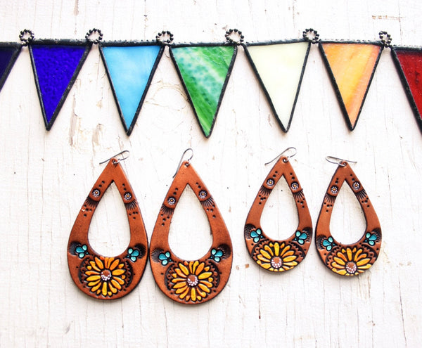 Teardrop Sunflower and Daisy Leather Earrings