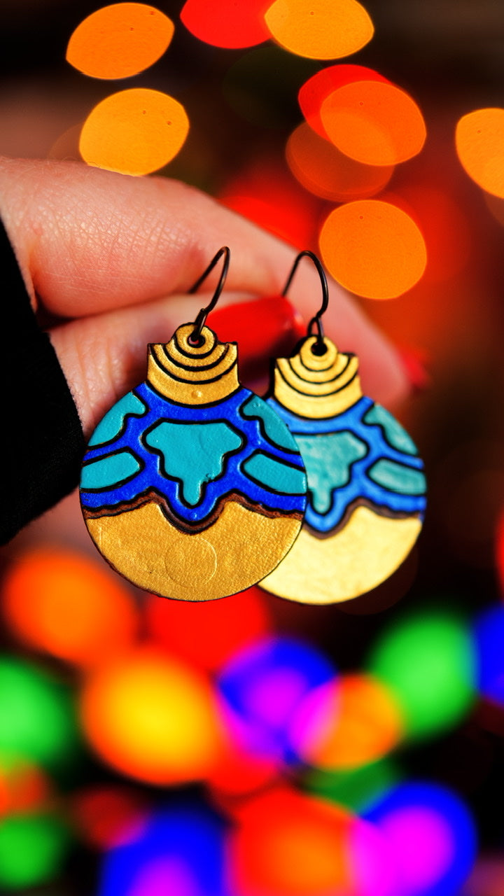Gold, Blue, and Turquoise Ball Ornament Earrings