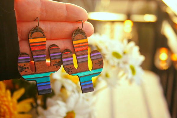 Sonoran Sunset Saguaros handpainted leather earrings