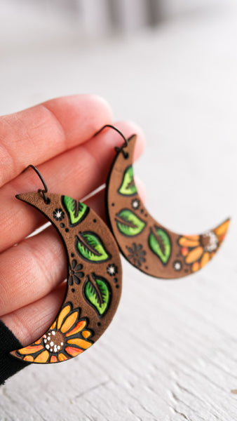 Sunflower & Leaves Crescent earrings