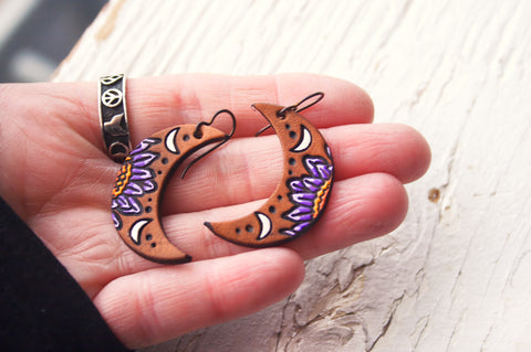 Mini Lotus Blossom Crescent Moon Earrings