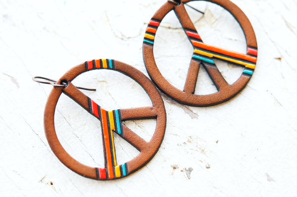 Striped Peace Sign Leather Earrings - Pick Your Size