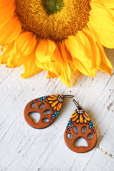 Sunflowers and Paw Prints Leather Earrings