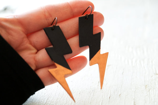 Rock ‘n Bolt Leather Earrings - Black and Rose Gold