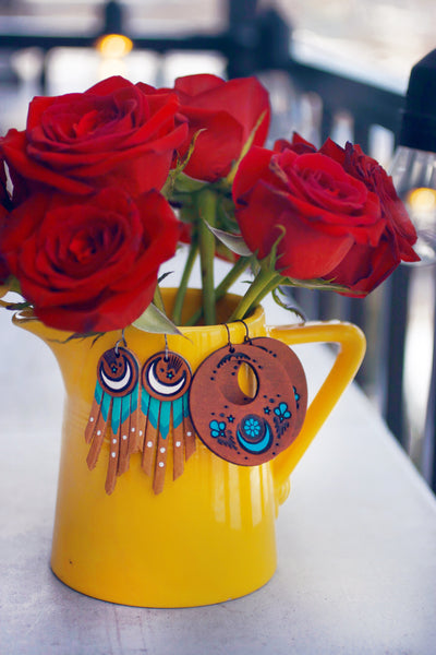 Turquoise Crescent Moon and Daisy Leather Earrings