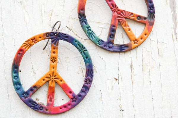 Galaxy Tie Dye Peace Sign Leather Earrings - Pick Your Size