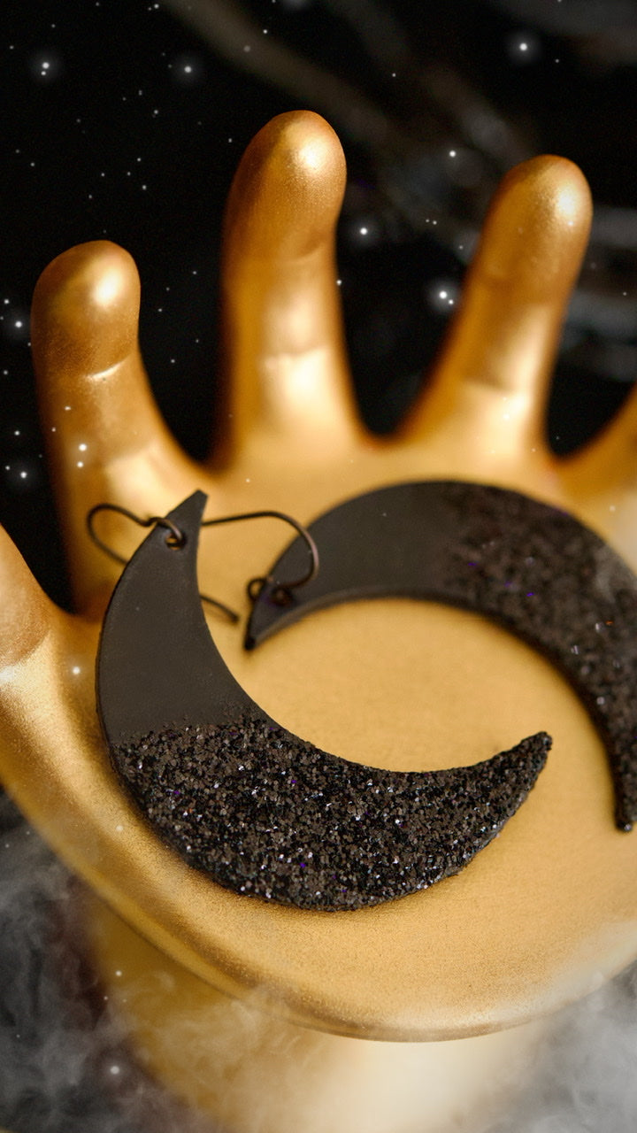 PREORDER Big Dippers - Black Crystal Glitter Large Crescent Moon Earrings
