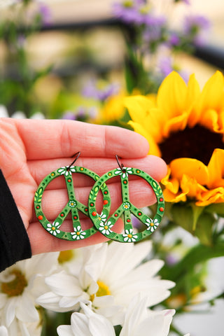 Spring Green Daisy Peace Sign Leather Earrings - Pick Your Size