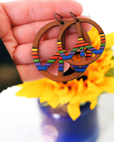 ‘80s Rainbow Mood Striped Peace Sign Earrings - Pick Your Size