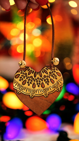 Gold Jingle Bell Heart Leather Christmas Ornament