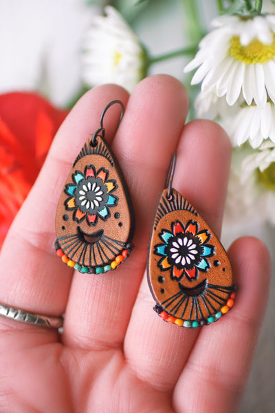 Desert Mandala Wildflower Beaded and Leather Earrings