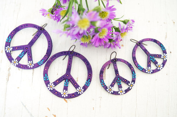 Purple Peace Sign Leather Earrings - Pick Your Size