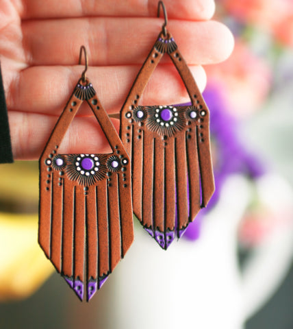 Purple Art Deco Leather Fringe Earrings - Lavender Wildflowers