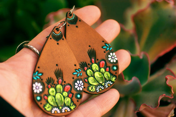 Teardrop Cacti and Daisies Leather Earrings