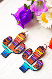 Sonoran Sunset Saguaros handpainted leather earrings