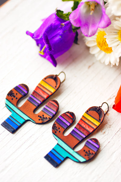 Sonoran Sunset Saguaros handpainted leather earrings