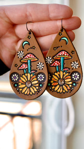 Mushroom, Sunflower, & Crescent Moon Teardrop Earrings