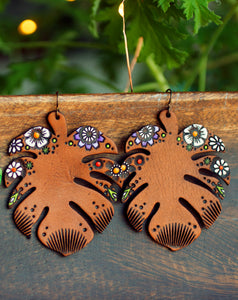 Monstera and Wildflowers Leather Earrings